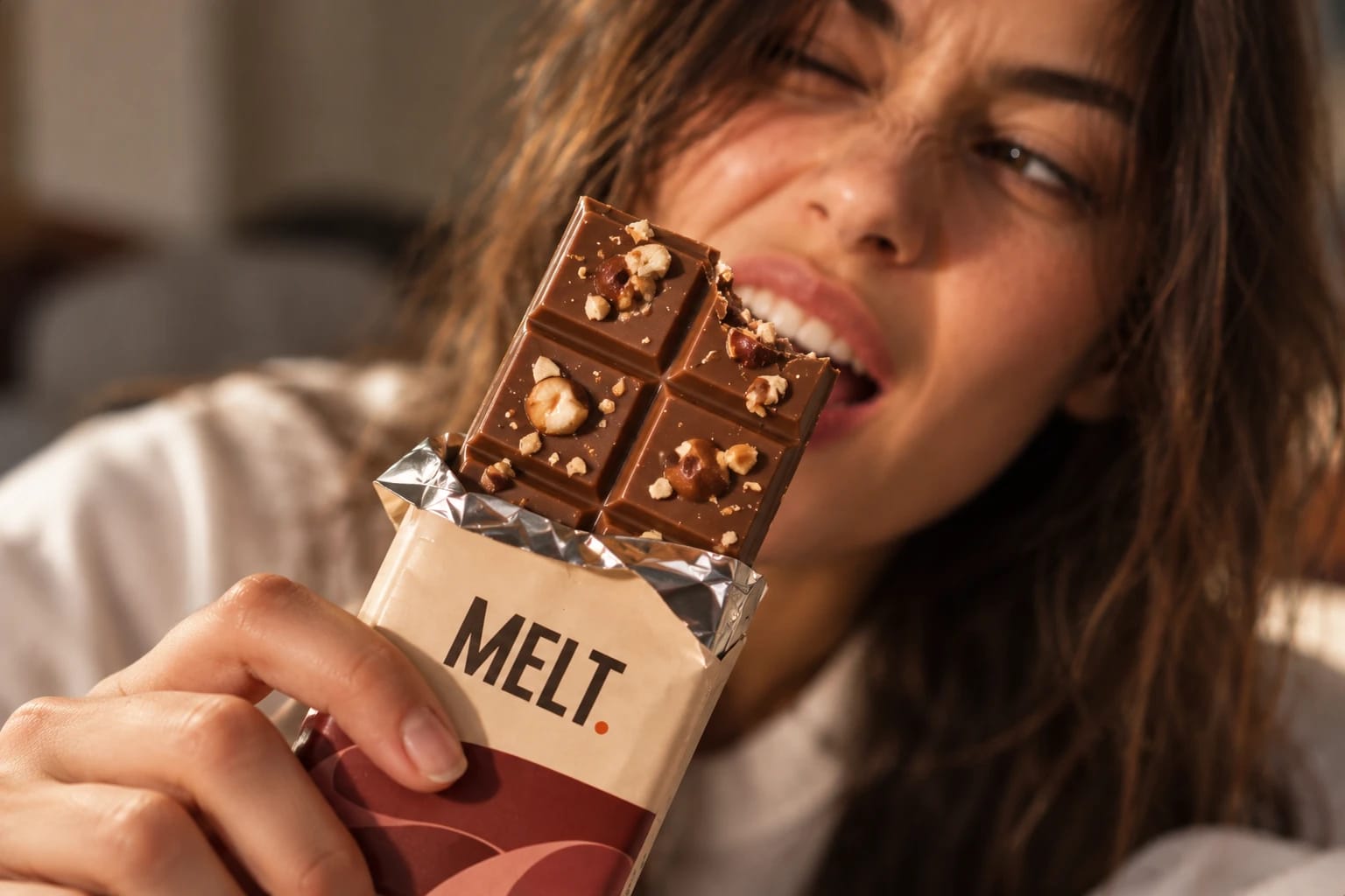 Una tableta MELT de avellana frente a la cámara, con una chica sonriendo detrás
